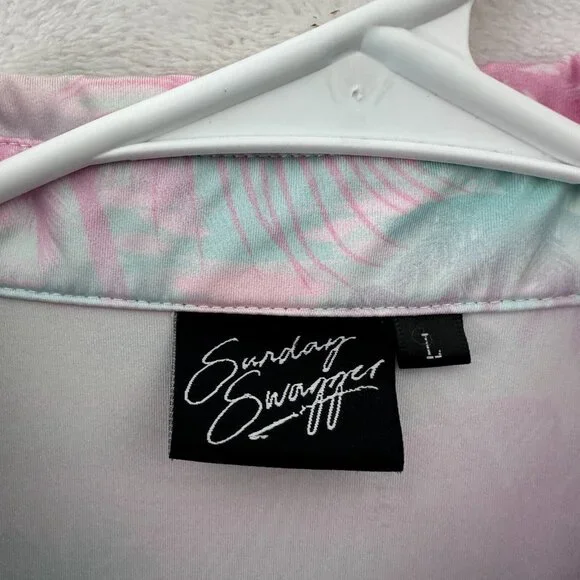 Sunday Swagger Polo Shirt Mens L Pink Palm Trees Geometric Golf Performance - Picture 3 of 8